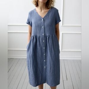 OffOn Linen Dress With Buttons In Denim Chambray Blue Small